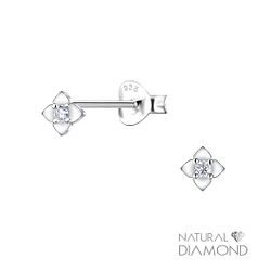 Silver Flower Stud Earrings With Natural Diamond - 22672