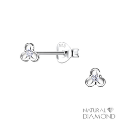 Silver Three Petal Flower Stud Earrings With Natural Diamond - 22678