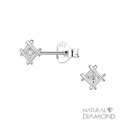 Silver Square Stud Earrings With Natural Diamond - 22680
