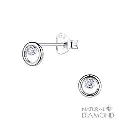Silver Circle Stud Earrings With Natural Diamond - 22682