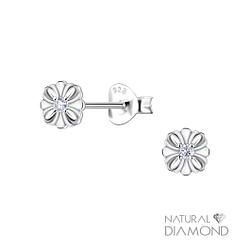Silver Flower Stud Earrings With Natural Diamond - 22690