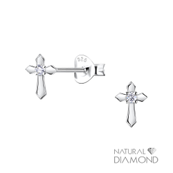 Silver Cross Stud Earrings With Natural Diamond - 22694