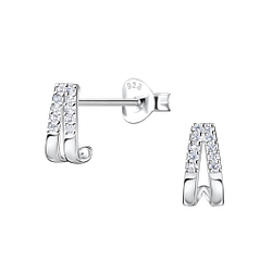 Silver Double Line Half Hoop Stud Earrings  - 22423