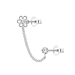 Silver Flower Double Stud Earrings with Chain - 22455