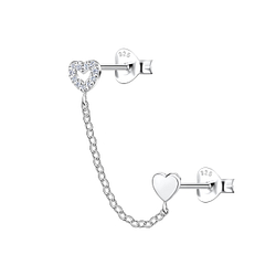 Silver Heart Double Stud Earrings with Chain - 22456