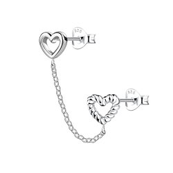 Silver Heart Double Stud Earrings with Chain - 22457