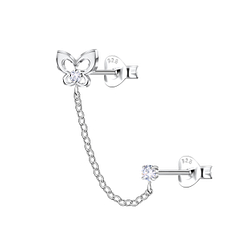 Silver Butterfly Double Stud Earrings with Chain - 22459