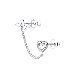 Silver Heart Double Stud Earrings with Chain - 22460