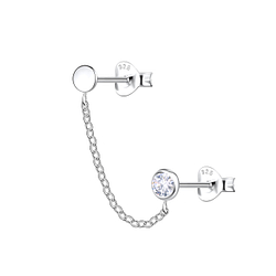 Silver Round Double Stud Earrings with Chain - 22461