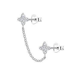 Silver Star Double Stud Earrings with Chain - 22462