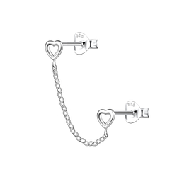 Silver Heart Double Stud Earrings with Chain - 22464