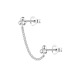 Silver Ball Double Stud Earrings with Chain - 22465