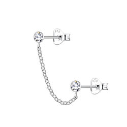 Silver Double Stud Earrings with Chain - 22468