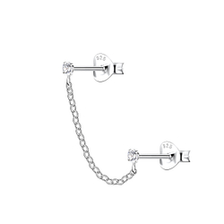 Silver Double Stud Earrings with Chain - 22469
