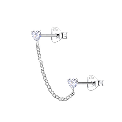 Silver Heart Double Stud Earrings with Chain - 22470
