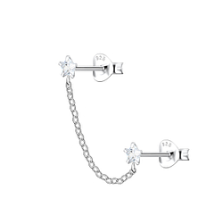 Silver Star Double Stud Earrings with Chain - 22471