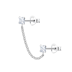 Silver Square Double Stud Earrings with Chain - 22472