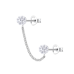 Silver Round Double Stud Earrings with Chain - 22473