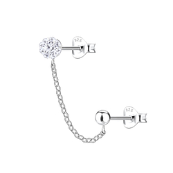 Silver Round Double Stud Earrings with Chain - 22474
