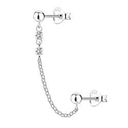 Silver Ball Double Stud Earrings with Chain - 22475 Silver Ball Double Stud Earrings with Chain - 22475