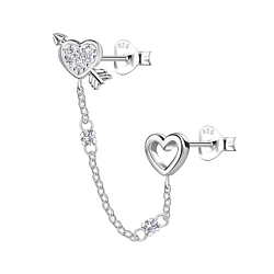 Silver Heart Double Stud Earrings with Chain - 22476