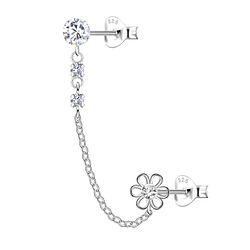Silver Flower Double Stud Earrings with Chain - 22477