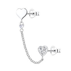 Silver Heart Double Stud Earrings with Chain - 22478