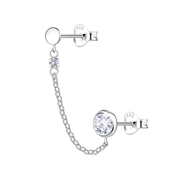 Silver Round Double Stud Earrings with Chain - 22480