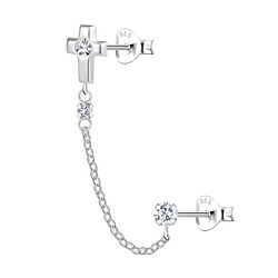 Silver Cross Double Stud Earrings with Chain - 22481