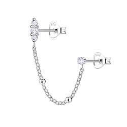 Silver Marquise Double Stud Earrings with Chain - 22482
