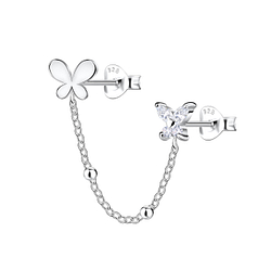 Silver Butterfly Double Stud Earrings with Chain - 22483