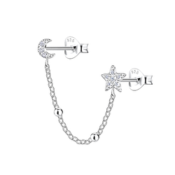 Silver Moon and Star Double Stud Earrings with Ball Chain - 22484