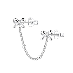 Silver Bow Double Stud Earrings with Chain - 22486