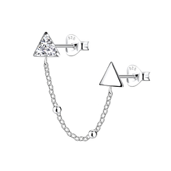 Silver Triangle Double Stud Earrings with Chain - 22487