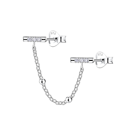 Silver Bar Double Stud Earrings with Chain - 22488