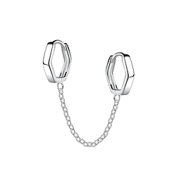 11mm Silver Double Geometric Huggie Earrings with Chain - 22566 11mm Silver Double Geometric Huggie Earrings with Chain - 22566