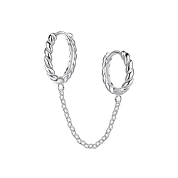 Silver Double Twisted Huggie Earrings with Chain - 22571