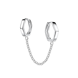 Silver Double Geometric Huggie Earrings with Chain - 22572