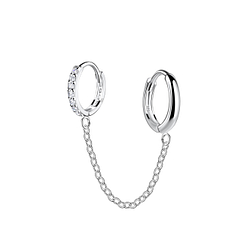 11mm Silver Double Huggie Earrings with Chain - 22573