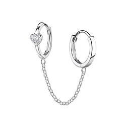 Silver Heart Double Huggie Earrings with Chain - 22575