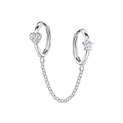 Silver Heart and Star Double Huggie Earrings with Chain - 22577