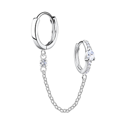 Silver Double Huggie Earrings with Chain - 22579