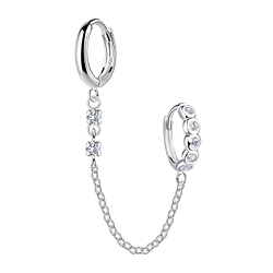 Silver Double Huggie Earrings with Chain - 22585 Silver Double Huggie Earrings with Chain - 22585
