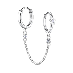Silver Star Double Huggie Earrings with Chain - 22586