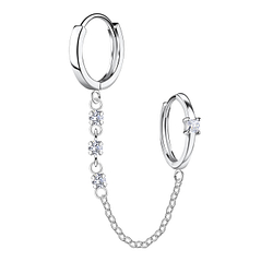 Silver Square Double Huggie Earrings with Chain - 22587