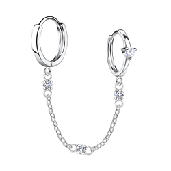 Silver Heart Double Huggie Earrings with Chain - 22588