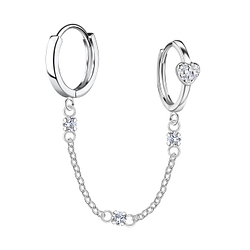 Silver Heart Double Huggie Earrings with Chain - 22589