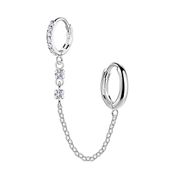11mm Silver Double Huggie Earrings with Chain - 22590