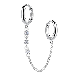 Silver Double Huggie Earrings with Chain - 22591
