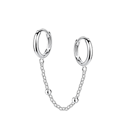 Silver Double Huggie Earrings with Ball Chain - 22592